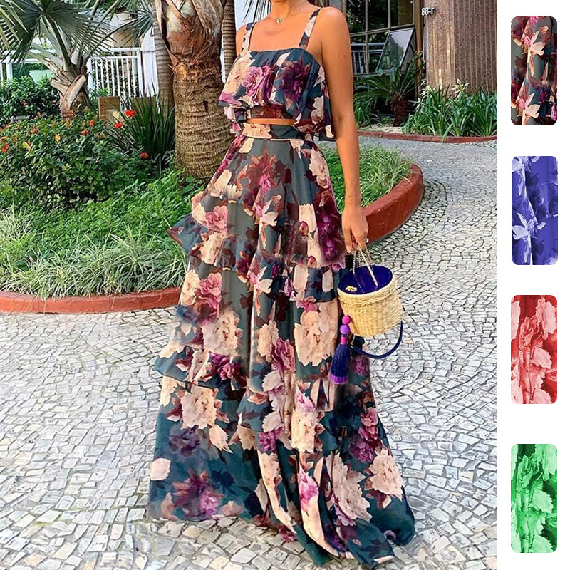 Romper Floral Print - ชุดเซ็ตสองชิ้นสำหรับผู้หญิง ลายดอกไม้ เสื้อครอปสายเดี่ยวระบาย + กระโปรงยาวทรงเอวสูงหลายชั้น ชุดเสื้อผ้าฤดูร้อนสำหรับใส่ไปชายหาด