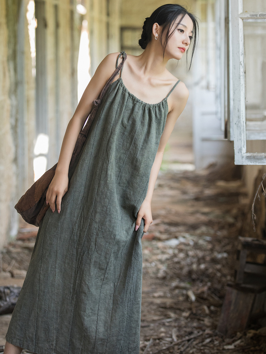 Linen Dress Wrap - ชุดเดรสผ้าฝ้ายลินินทรงเอไลน์สไตล์จีนใหม่ระดับไฮเอนด์ ผ้าก๊อซป่านย้อมสีแบบวินเทจ ทรงหลวม ช่วยให้ดูผอมเพรียว สไตล์เซน สำหรับผู้หญิง