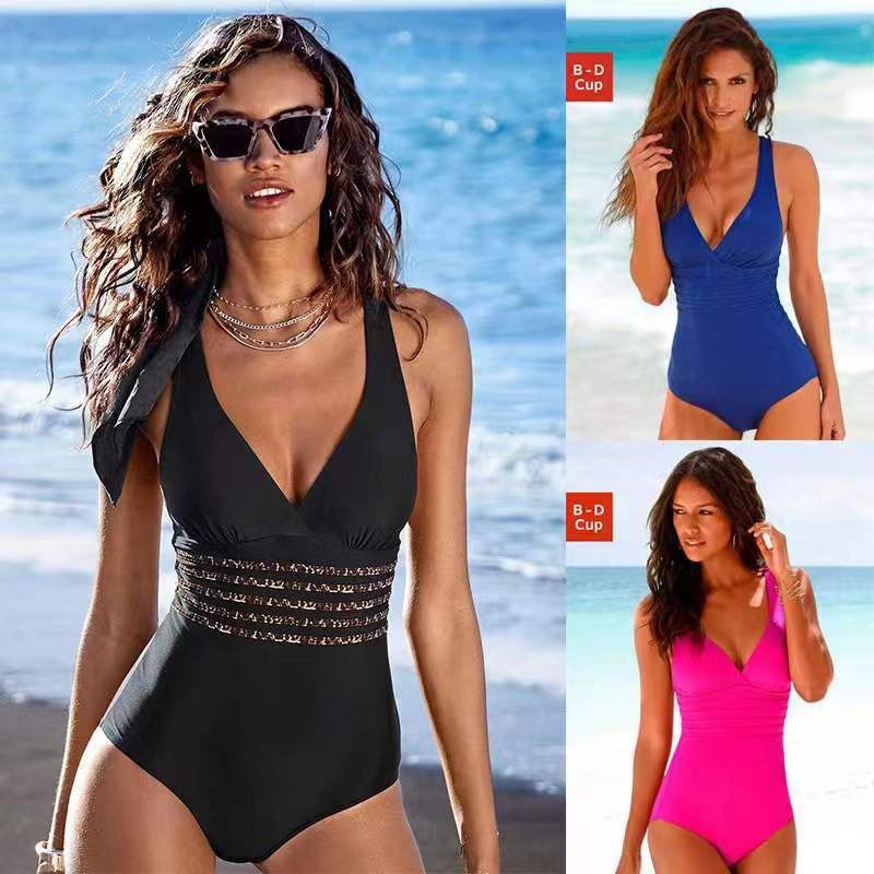 Swimsuit Bikini Ruched - ชุดว่ายน้ำผู้หญิงแบบ Tankini สีพื้น สายไขว้หลัง คอวี จับจีบเอว
