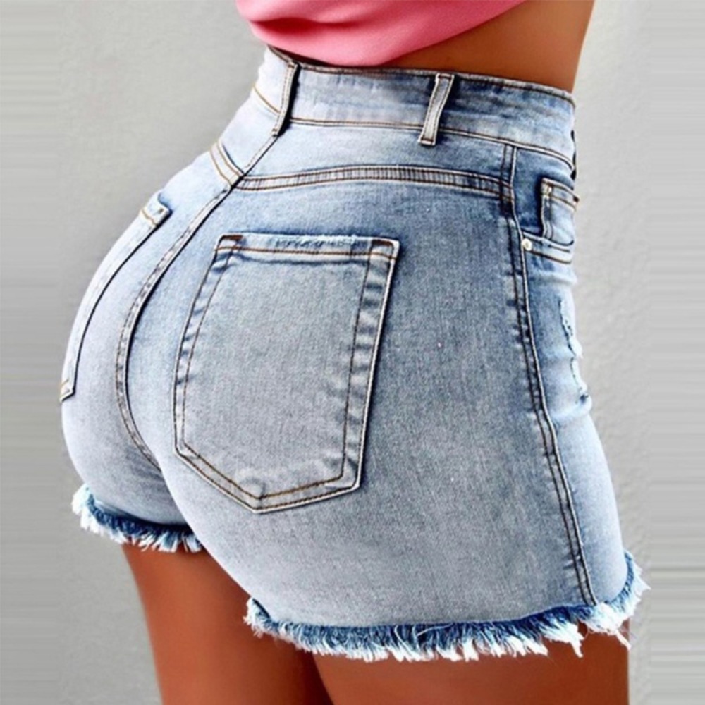 Shorts Denim Frayed - กางเกงยีนส์ขาสั้นเอวสูงสำหรับผู้หญิง ขาดเซอร์ๆ ขอบรุ่ย ยืดได้ ใส่สบาย เหมาะกับหน้าร้อน