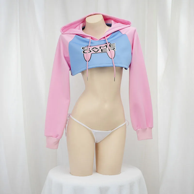 Crop Top Crochet - เสื้อฮู้ดแขนยาวน่ารัก สีชมพู สีฟ้า สไตล์เข้าชุด สำหรับนักเรียนหญิง ชุดคอสเพลย์