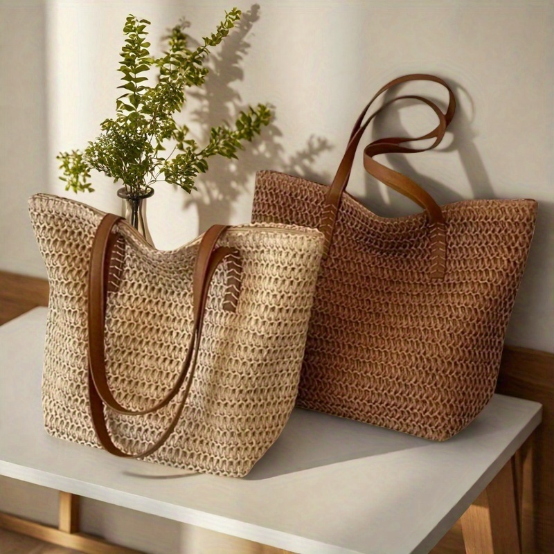 Crochet Bag Raffia - กระเป๋าผ้าทอสำหรับผู้หญิงที่ทันสมัยและใช้งานได้หลากหลายพร้อมซิปสำหรับการเดินทาง กระเป๋าชายหาดความจุขนาดใหญ่ กระเป๋าถือ
