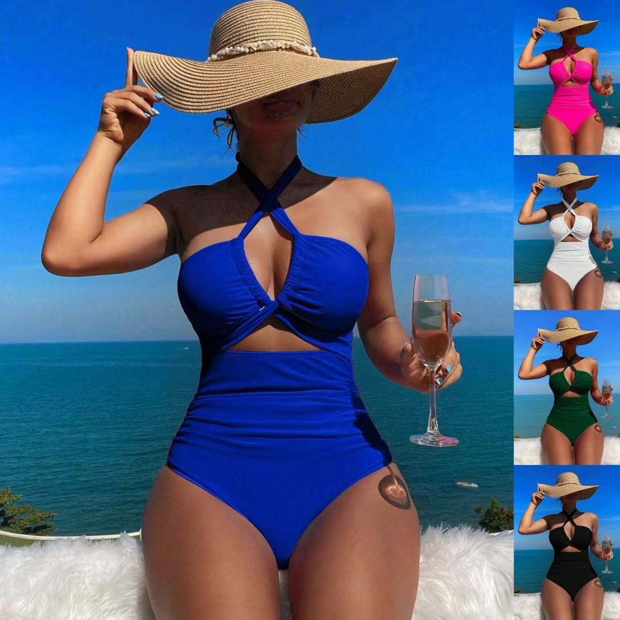 Swimsuit Bikini Ruched - ชุดว่ายน้ำผู้หญิงแบบผูกคอ สีดำ ไร้สายรัดหลัง ช่วงเอวเข้ารูป ช่วงอกจับจีบ ขาสูง