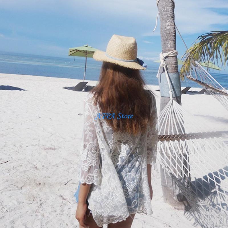 Kimono Sheer Floral - U13Cผู้หญิงฤดูร้อนลูกไม้เปิดด้านหน้ากิโมโนคาร์ดิแกนโครเชต์ดอกไม้ใบแบบเชียร์ตาข่ายชุดว่ายน้ำขึ้นปกเสื้อชายหาด