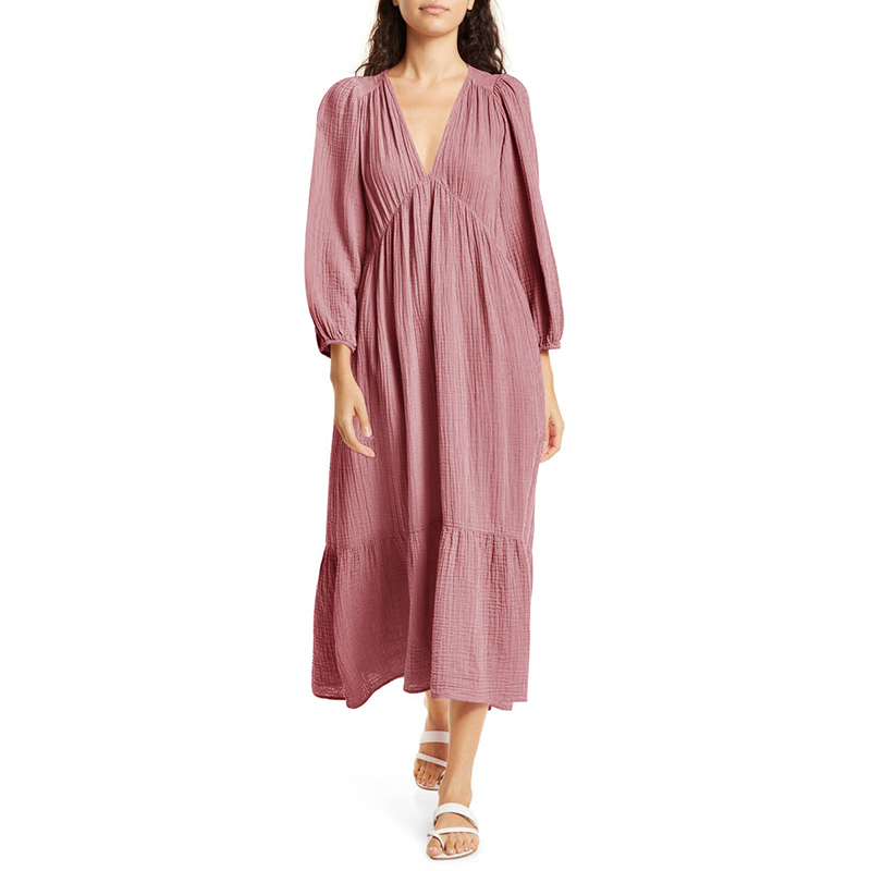 Linen Dress Wrap - เดรสแขนยาวผ้าฝ้าย100% มัสลินสำหรับผู้หญิงชุดเดรสคอวีเซ็กซี่สีทึบของผู้หญิงชุดเดรสทรงหลวมชุดงานวันเกิดชิค