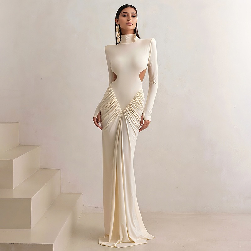 Maxi Dress Halter - เดรสยาวเปิดหลัง คอเต่า สำหรับงานเลี้ยงกลางคืน แต่งระบายหรูหรา สไตล์สตรีทแวร์ ทรงเข้ารูป