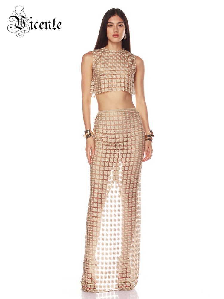 Crop Top Crochet - VC Stylish Beige เสื้อครอปแขนกุดและชุดกระโปรงเชียร์พร้อมซิปสําหรับเทศกาลและปาร์ตี้ชุดเดรสสุดชิค