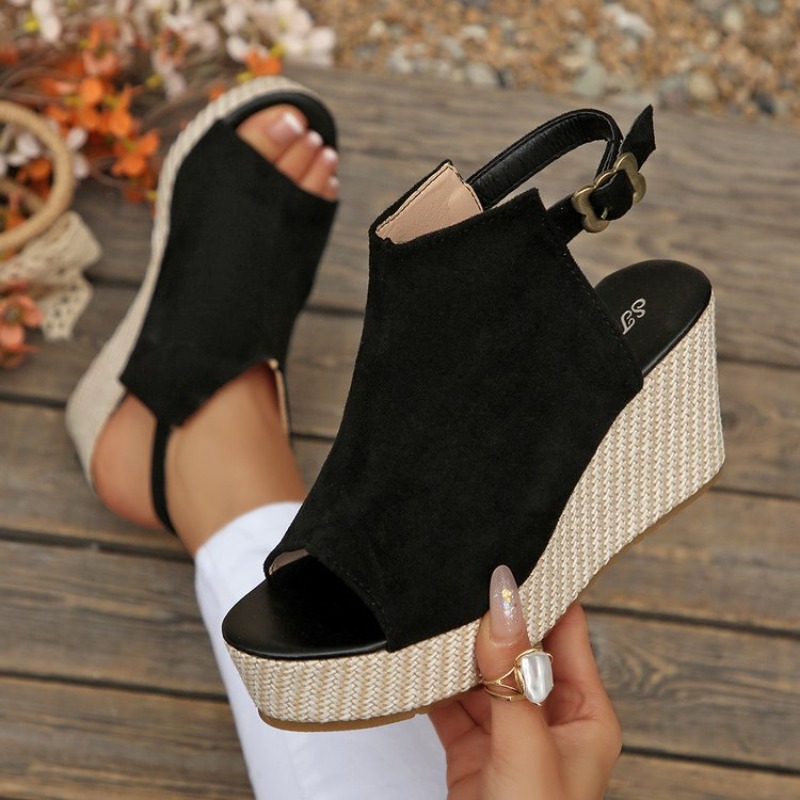 Wedge Espadrille Women - รองเท้าแตะผู้หญิงฤดูร้อนแบบสวมเปิดนิ้วเท้า ส้นเตารีด หนังกลับ สายรัดข้อเท้า แบบสวมสบาย เหมาะสำหรับใส่ไปชายหาด