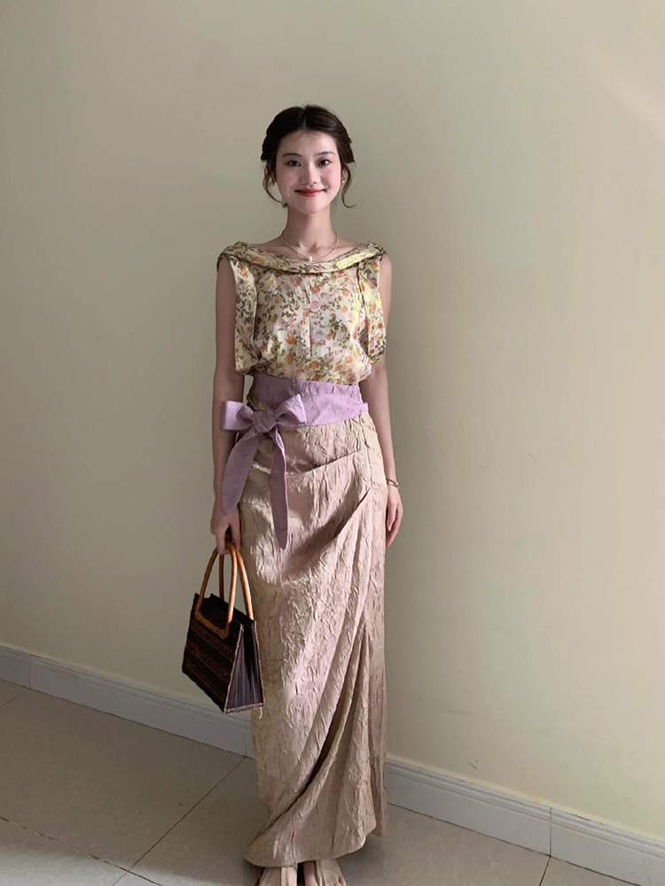 Midi Skirt Floral - ชุดเสื้อแขนกุดลายดอกวินเทจ XZY และกระโปรงทรงเอพลีทเอวสูงสำหรับผู้หญิง ชุดแฟชั่นฤดูร้อน
