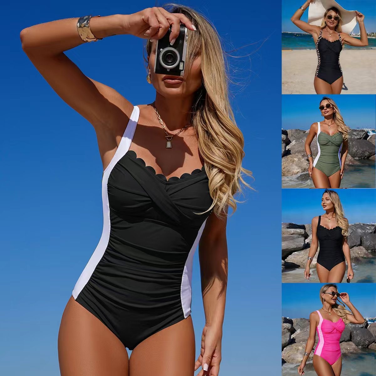 Swimsuit Bikini Ruched - ชุดว่ายน้ำสีดำ คอเสื้อแบบสแกลลอป ด้านหน้าแบบบิดเกลียว สีเขียวมะกอก ชุดว่ายน้ำวันพีซ ช่วงเอวจับจีบ