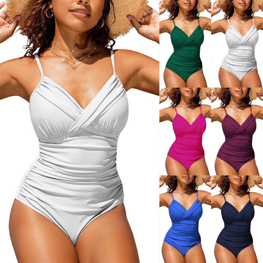 Swimsuit Bikini Ruched - ชุดว่ายน้ำบิกินี่แบบ Tankini สีเขียวมรกต คอวี รัดเอว ไขว้หลัง