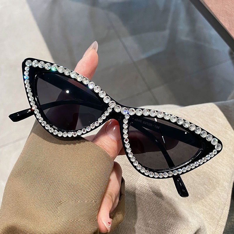 Sunglasses Cat Eye - วินเทจหรูหราแมวตาแว่นกันแดดผู้หญิงเสื้อผ้าแบรนด์คริสตัลเพชรกรอบแว่นตาอาทิตย์สีดําสีชมพูB Ling B Lingแว่นตา