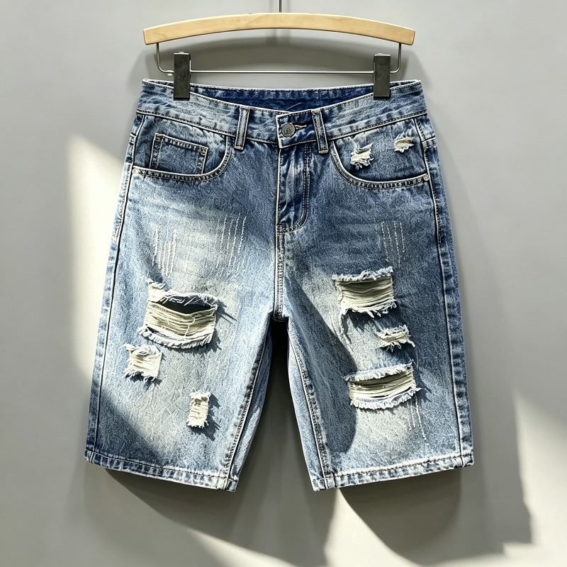 Shorts Denim Frayed - กางเกงยีนส์ขาสั้นสไตล์เกาหลีสำหรับผู้ชาย แบบฟอกสีอ่อน ขาดเซอร์ๆ ขาดรุ่ย ลำลอง สตรีทแวร์