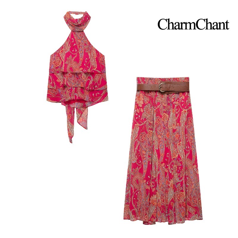 Romper Floral Print - ชุดเซ็ต 2 ชิ้นสำหรับผู้หญิง CHARMCHANT ลายพิมพ์ลายเพสลีย์ คอผูก