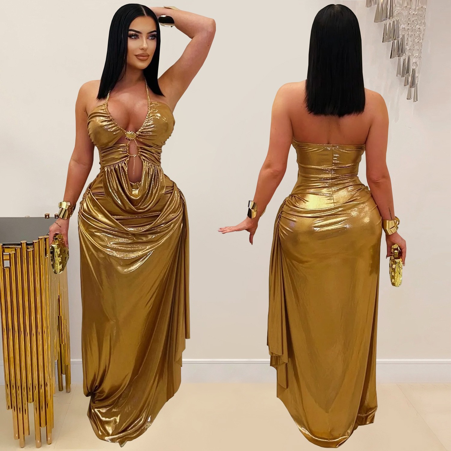Maxi Dress Halter - ชุดราตรีงานพรอมสำหรับแขกในงานแต่งงาน คอแบบผูก สายเดี่ยว แขนกุด เอวสูง สีทองเมทัลลิก