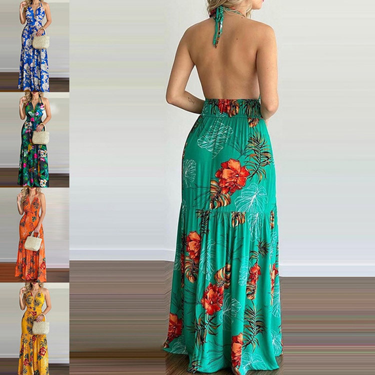 Maxi Dress Halter - เดรสยาวลายดอกไม้ เปิดหลัง สำหรับฤดูร้อน ชุดราตรีหรูหราสำหรับผู้หญิง ชุดไปเที่ยวทะเล ชุดไปงานแต่งงาน