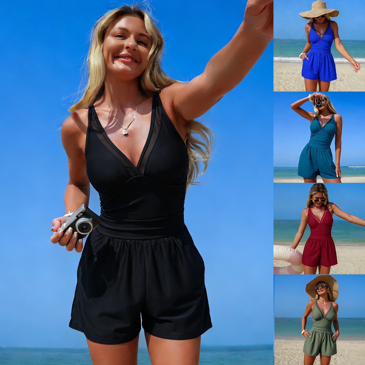 Swimsuit Bikini Ruched - ชุดว่ายน้ำสีดำล้วนแบบไม่มีแขน คอวี แต่งผ้าตาข่ายโปร่งบริเวณเอว ยืดหยุ่นสูง คอแบบผูกเชือก ความยาวมินิ