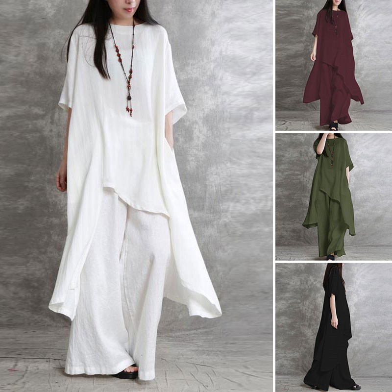 Linen Pant Wide - ชุด2ชิ้นสำหรับผู้หญิงชุดออกกำลังกายแบบลำลองขนาดใหญ่ชุดกางเกงขาม้าคอกลมแขนสั้นชุดออกกำลังกายแบบฝ้ายลินิน