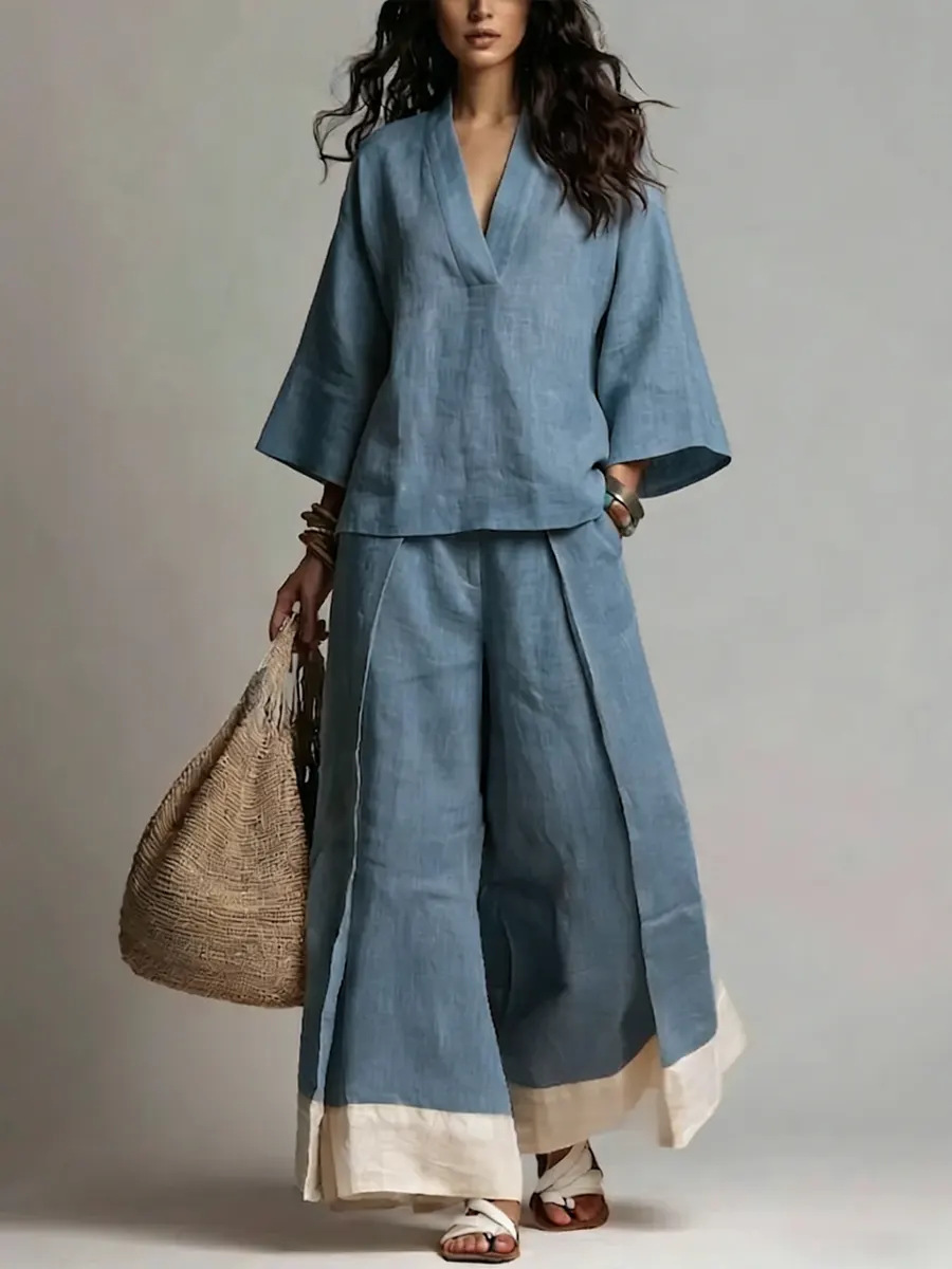 Linen Pant Wide - ชุดเซ็ตผ้าฝ้ายลินินคอวีสำหรับฤดูร้อน สไตล์ฝรั่งเศส เรียบหรู สบายๆ สำหรับวันหยุด แขนสามส่วน
