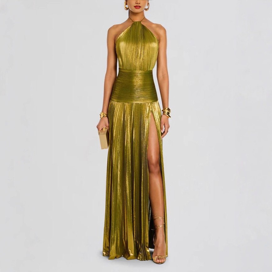 Maxi Dress Halter - ชุดเดรสออกงานหรูหรา แขนกุด ยาว ผ้าพลีท ผ่าข้างสูง ชุดเดรสยาวแบบพันรอบตัว
