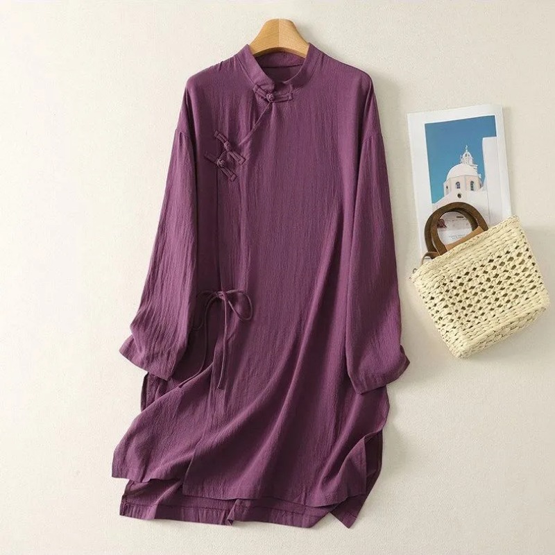 Linen Dress Wrap - ชุดเดรสผ้าลินินสไตล์จีนสำหรับผู้หญิง กระดุมแบบกบ คอตั้ง ผูกเอว แขนยาว สไตล์เซน