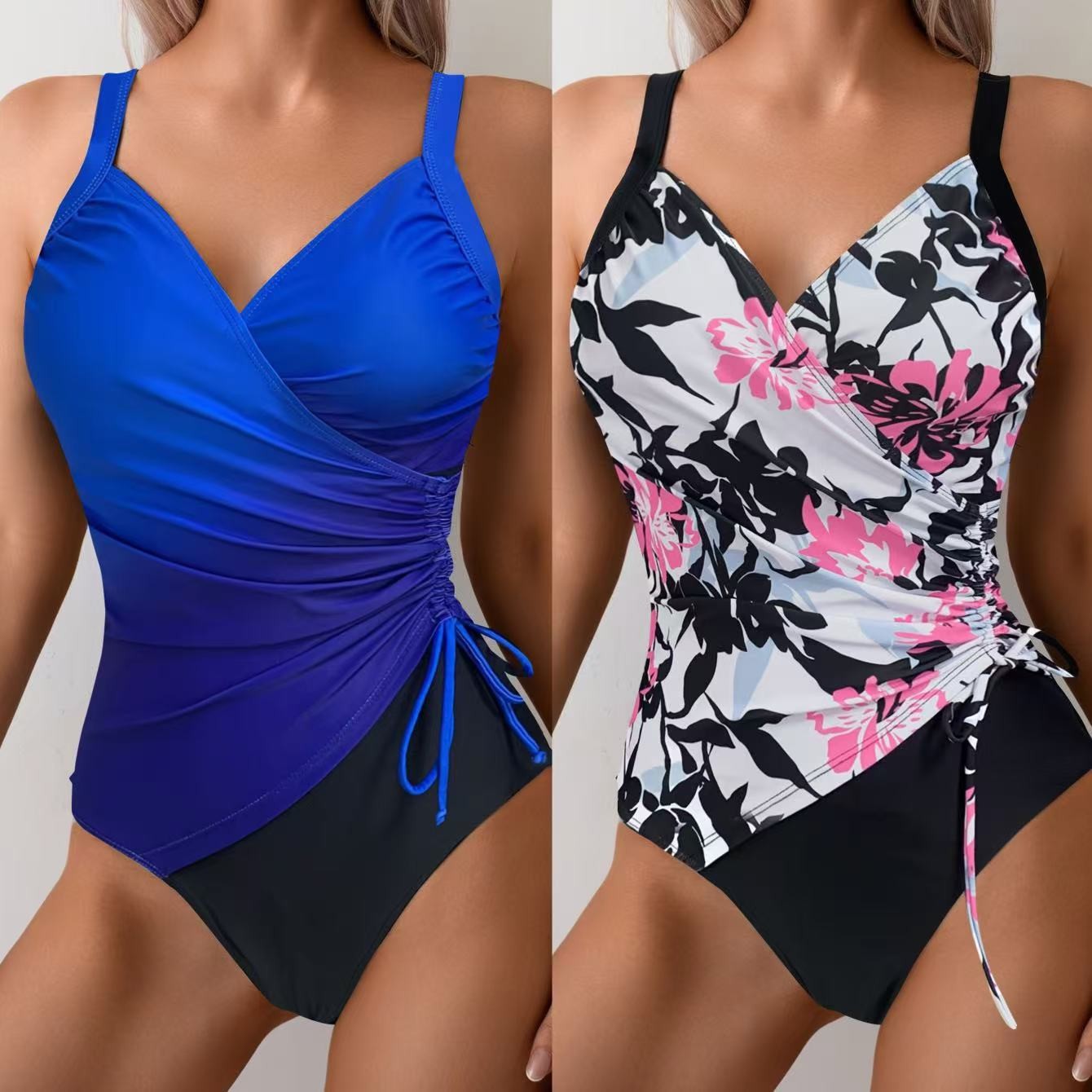 Swimsuit Bikini Ruched - ชุดว่ายน้ำทังกินี่ผู้หญิง ควบคุมสัดส่วนหน้าท้อง แบบไม่มีแขน คอวี ชุดว่ายน้ำรัดรูปด้านข้าง ลายดอกไม้