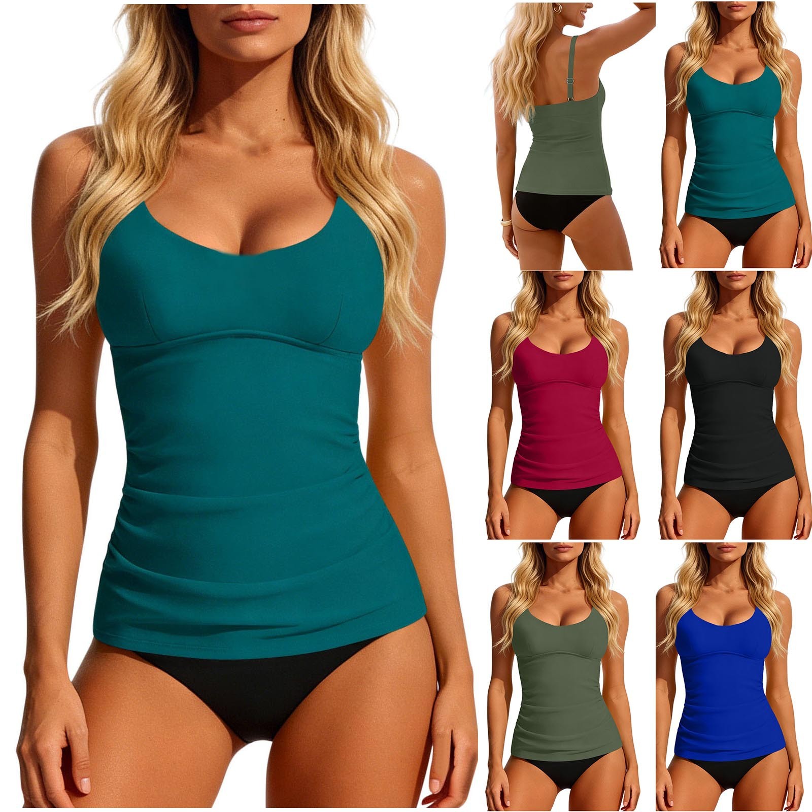 Swimsuit Bikini Ruched - ชุดว่ายน้ำทูพีซแบบแยกชิ้นสำหรับผู้หญิงปี 2026 เสื้อท็อปทรงสกู๊ปคอสีเขียวอมฟ้า พร้อมกางเกงบิกินี่เอวจับจีบแบบเรียบ