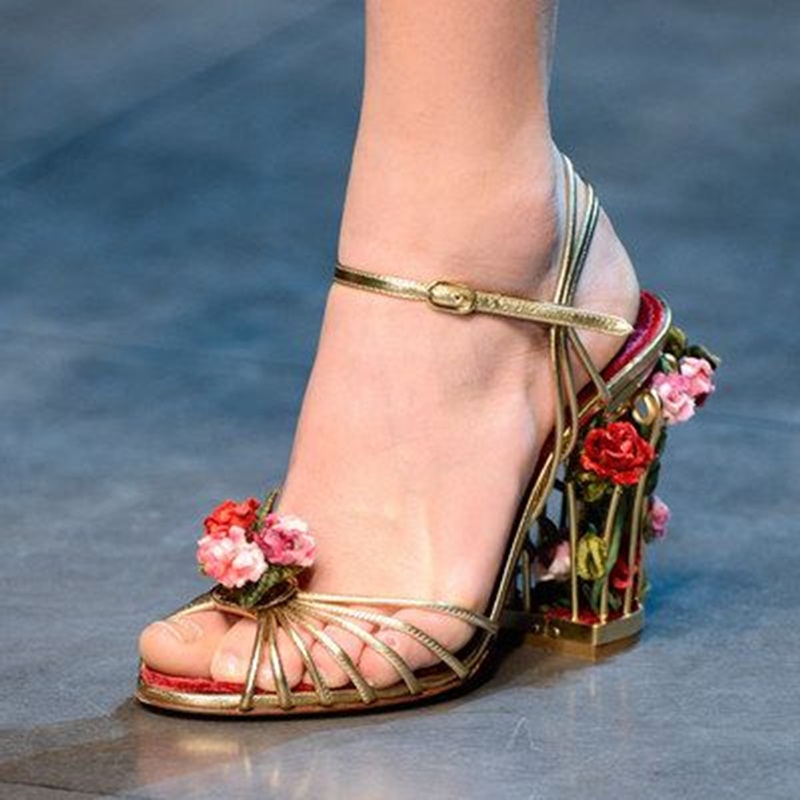 Sandal Strappy Heeled - Luxury Bird Cage ผู้หญิงรองเท้าแตะ Gold Metallic