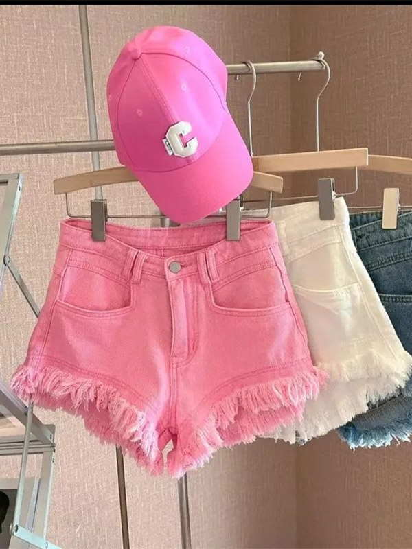 Shorts Denim Frayed - กางเกงขาสั้นผ้าเดนิมสไตล์เกาหลีแบบลำลอง กางเกงขาสั้นผู้หญิง กางเกงขาสั้นสำหรับฤดูร้อน กางเกงขากว้าง สีชมพู แต่งระบาย