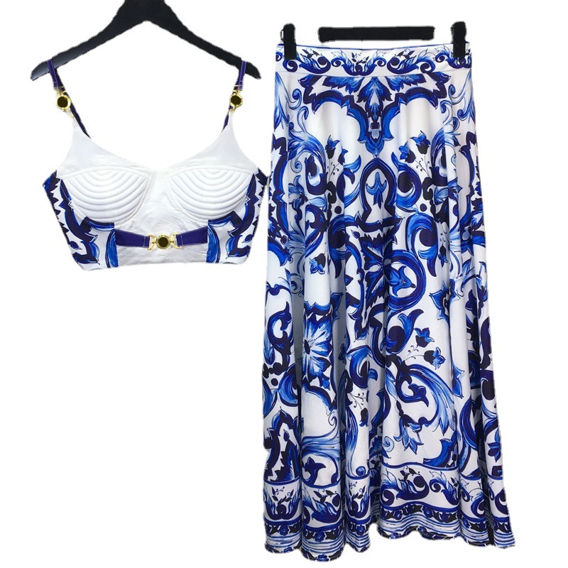 Romper Floral Print - ชุด2ชิ้นลายครามโบฮีเมียนสีฟ้าและสีขาวสไตล์โบฮีเมียนสำหรับฤดูร้อนชุดเสื้อสายเดี่ยวสำหรับใส่คัพเสื้อชั้นใน + กระโปรงยาวพิมพ์ลาย
