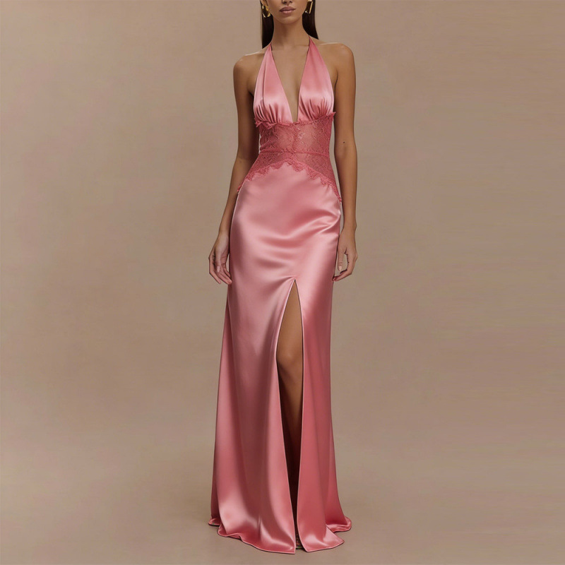 Maxi Dress Halter - เดรสยาวเปิดหลังแบบผูกคอ สีชมพู ผ้าซาติน แต่งลูกไม้ ผ่าสูง สำหรับงานค็อกเทล