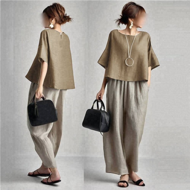 Linen Pant Wide - ชุดเซ็ตสองชิ้นสำหรับผู้หญิง เสื้อครึ่งแขนคอกลมสีพื้นเข้าชุดกับกางเกงขายาวเอวยางยืดทรงหลวมสไตล์ลำลอง ประจำฤดูร้อนปี 2026