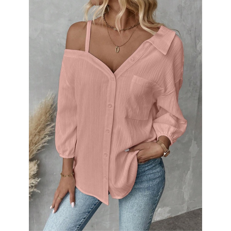 Blouse Off Shoulder - เสื้อผู้หญิงไซส์ใหญ่ 1XL-5XL เสื้อเบลาส์ผู้หญิง กระดุมแถวเดียว เปิดไหล่ มีกระเป๋า