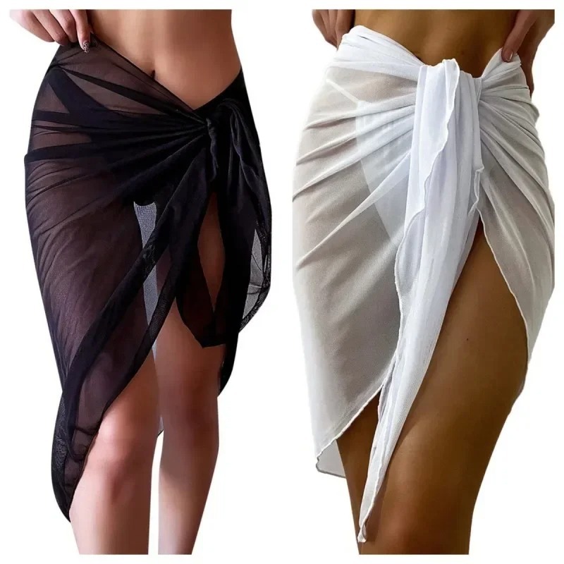 Cover Up Kaftan - ฤดูร้อนชุดชายหาด Wrap Sheer Wrap Knot เอวชุดว่ายน้ํากระโปรงบิกินี่ผ้าพันคอชุดว่ายน้ํา