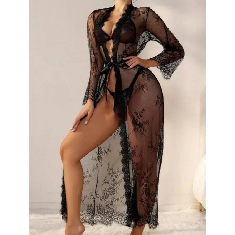 ชุดคลุมยาวลูกไม้สีดำสำหรับผู้ห - Kimono Sheer Floral บทวิจารณ์และราคา