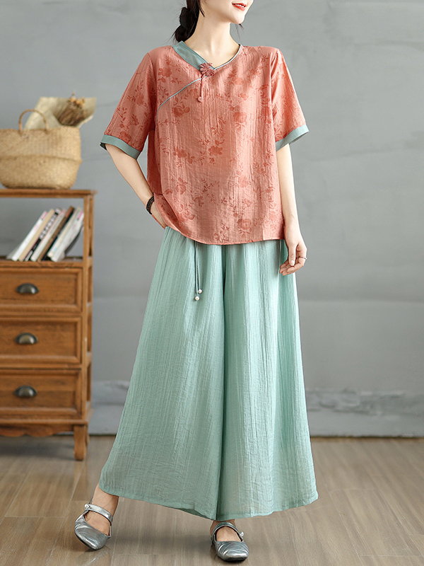 ชุดเซ็ตสองชิ้น เสื้อคอวีแขนสั้ - Linen Pant Wide บทวิจารณ์และราคา