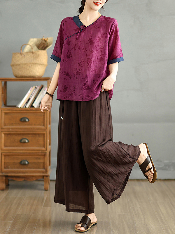 ชุดเซ็ตสองชิ้น เสื้อคอวีแขนสั้ - Linen Pant Wide บทวิจารณ์และราคา