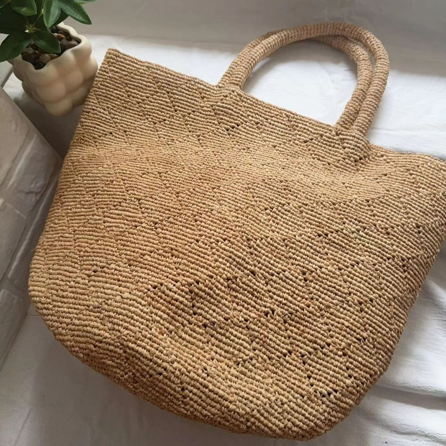 กระเป๋าถือสานทรงสี่เหลี่ยมแบบเ - Crochet Bag Raffia บทวิจารณ์และราคา