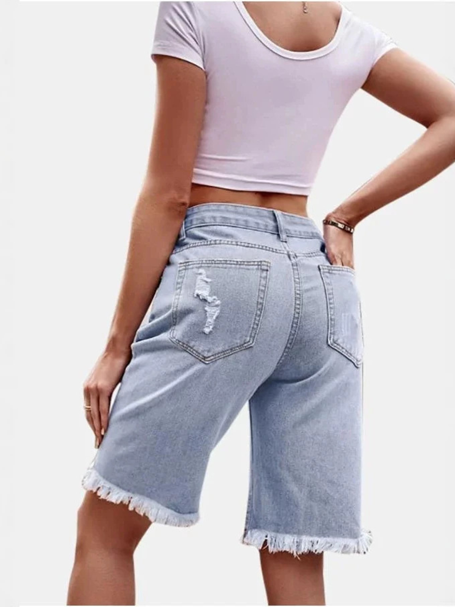กางเกงยีนส์ขาสั้นเอวสูงสำหรับผ - Shorts Denim Frayed บทวิจารณ์และราคา