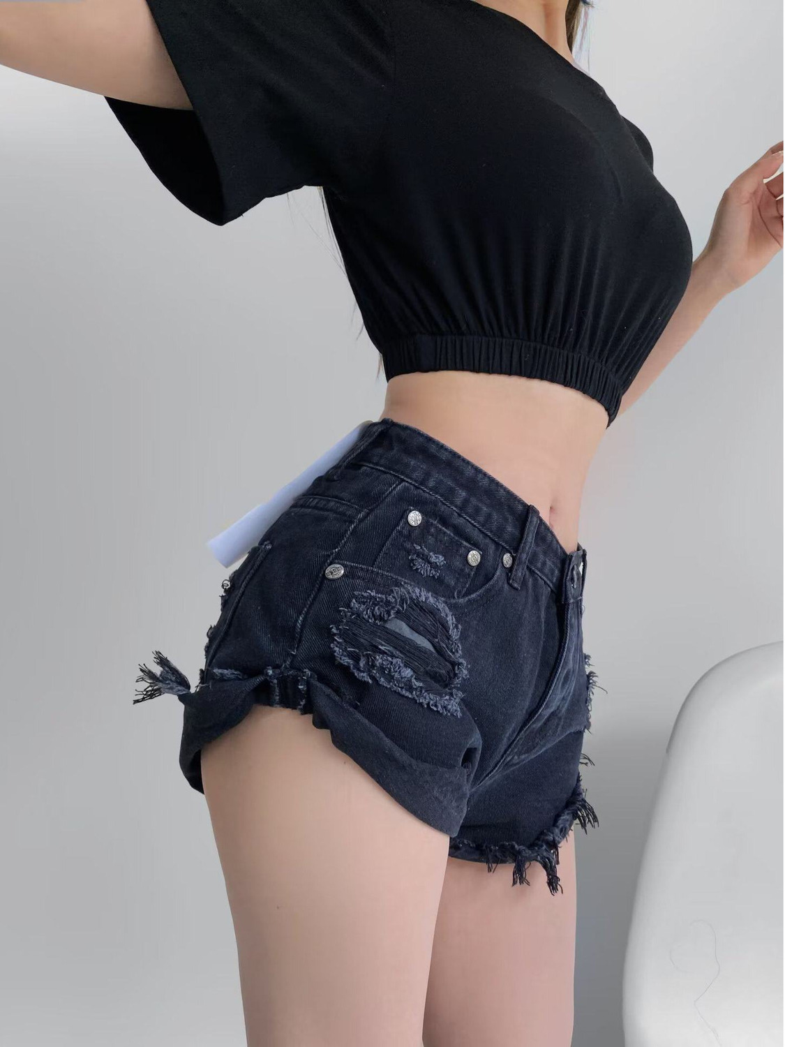 กางเกงยีนส์ขาสั้นเอวต่ำสำหรับผ - Shorts Denim Frayed บทวิจารณ์และราคา