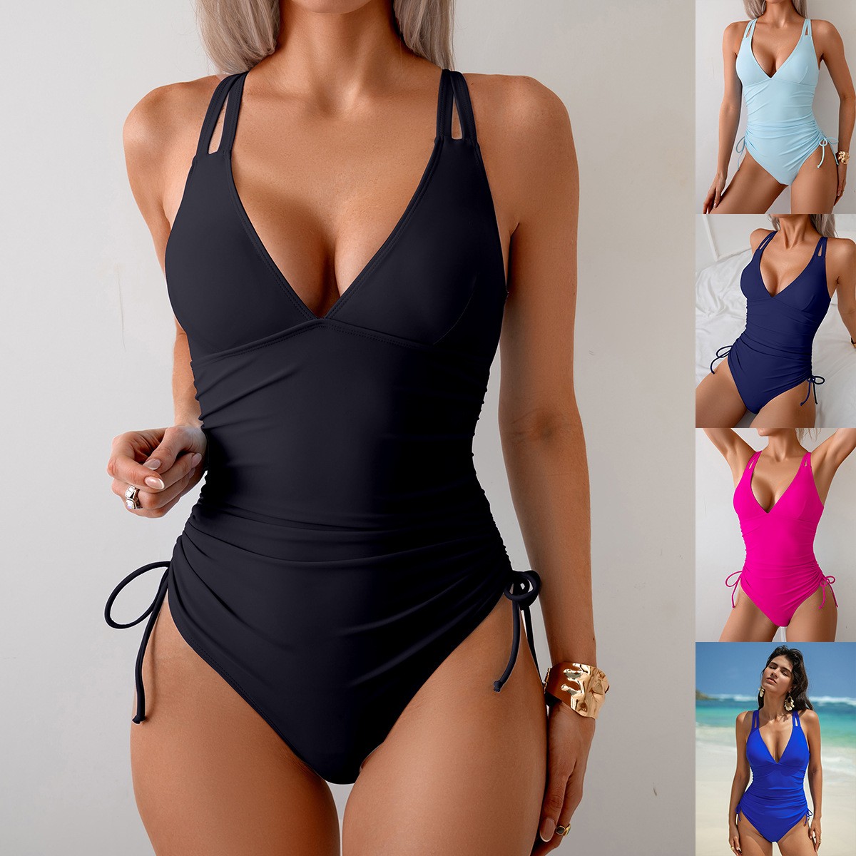 ชุดว่ายน้ำสีดำล้วน คอวี รัดเอว - Swimsuit Bikini Ruched บทวิจารณ์และราคา