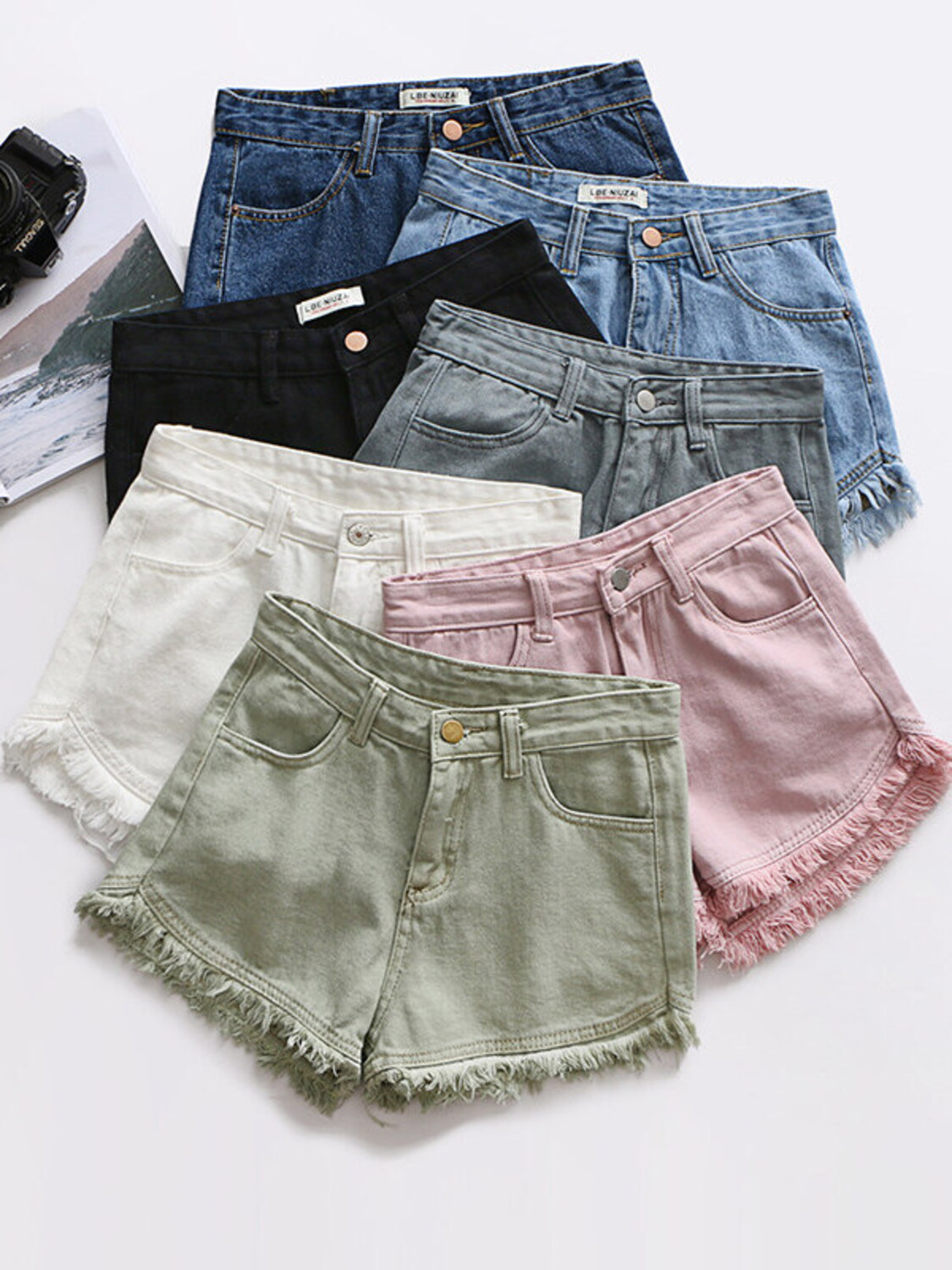 กางเกงยีนส์ขาสั้นเอวสูงสำหรับผ - Shorts Denim Frayed บทวิจารณ์และราคา