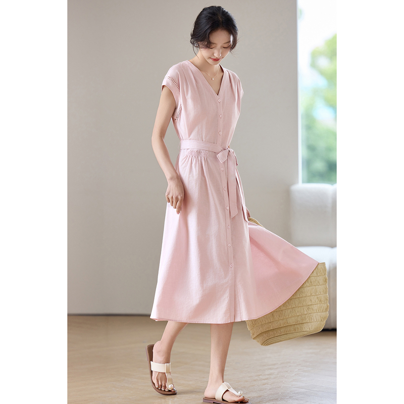 SENTUBILA ชุดเดรสสีชมพูผู้หญิง - Linen Dress Wrap บทวิจารณ์และราคา