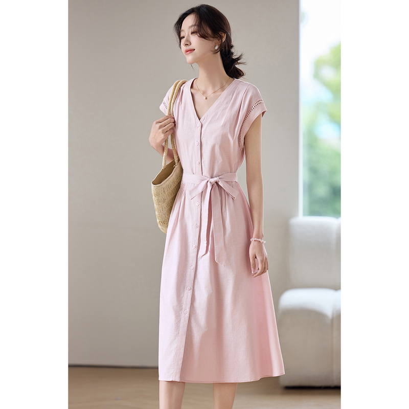 SENTUBILA ชุดเดรสสีชมพูผู้หญิง - Linen Dress Wrap บทวิจารณ์และราคา