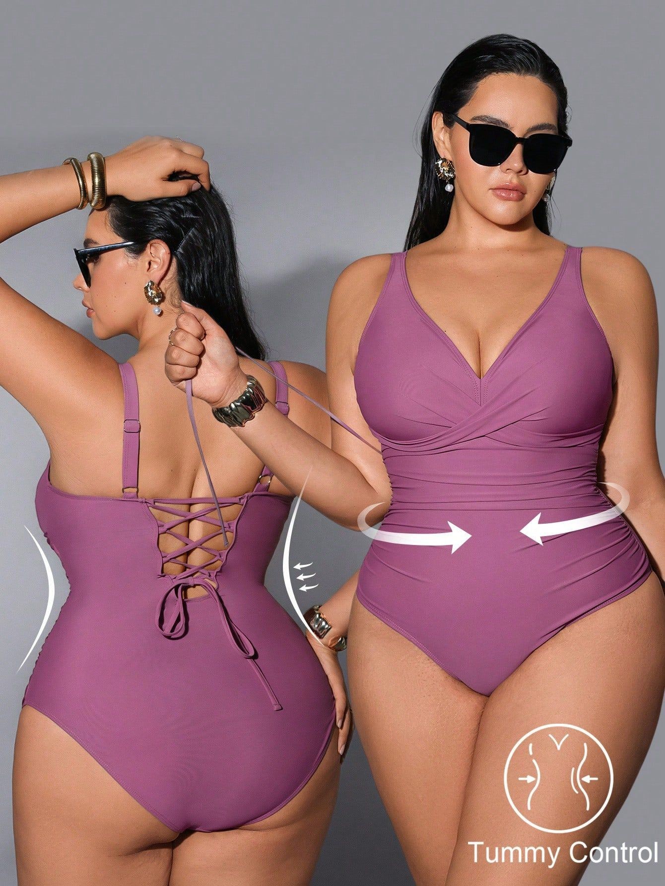 ชุดว่ายน้ำผู้หญิงไซส์ใหญ่ คอวี - Swimsuit Bikini Ruched บทวิจารณ์และราคา