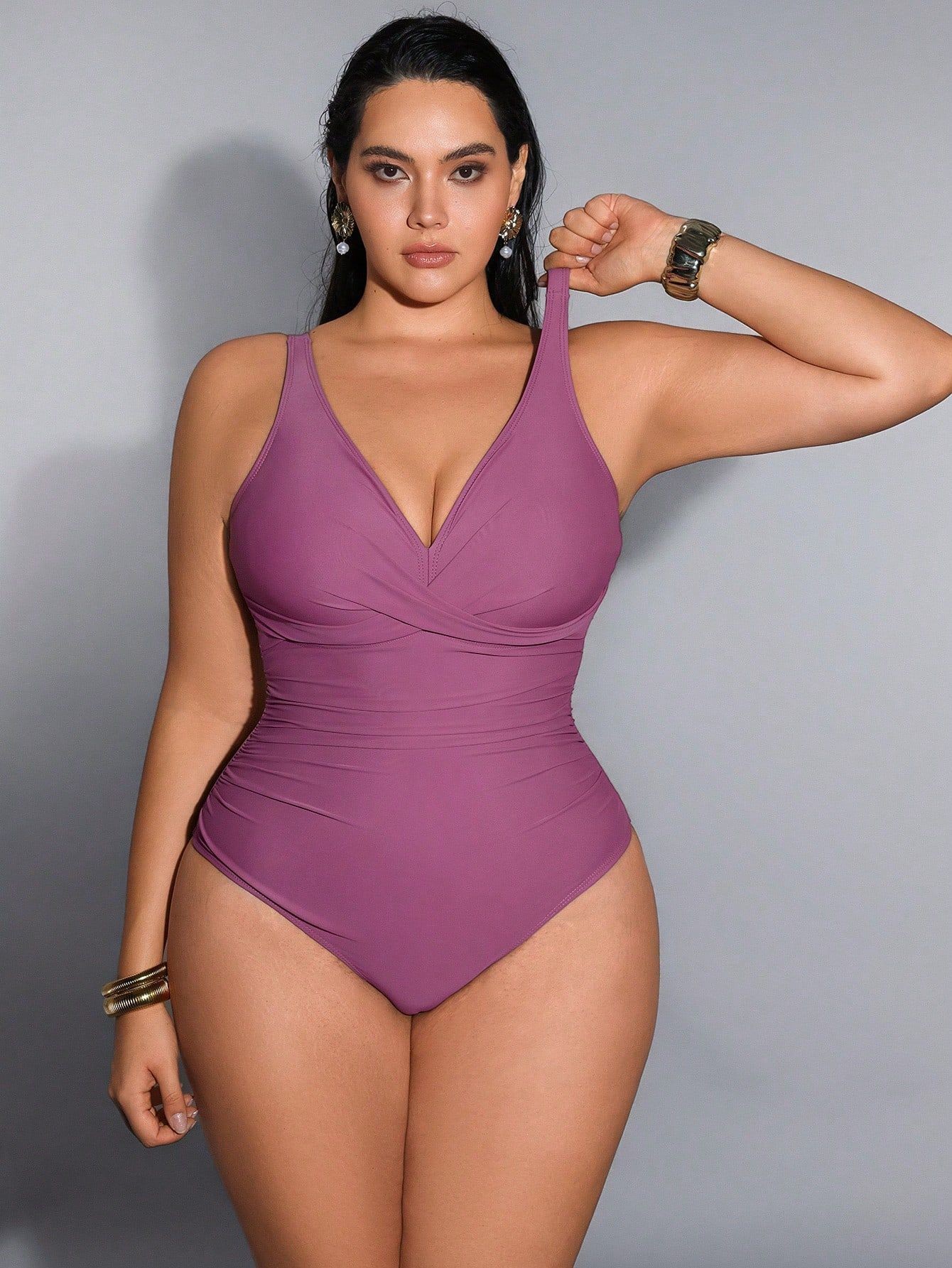 ชุดว่ายน้ำผู้หญิงไซส์ใหญ่ คอวี - Swimsuit Bikini Ruched บทวิจารณ์และราคา