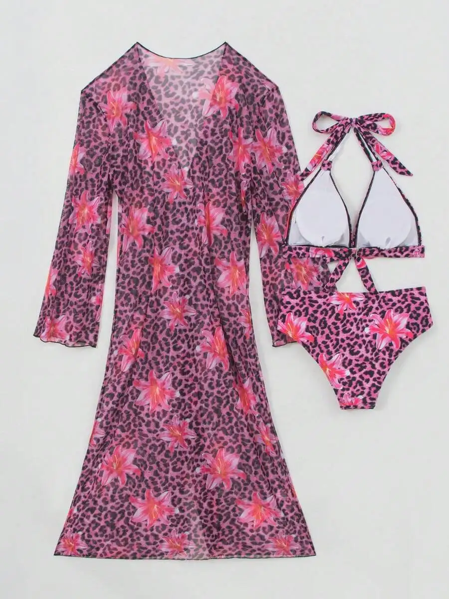 ชุดบิกินี่ลายดอกไม้เสือดาว 3 ช - Kimono Sheer Floral บทวิจารณ์และราคา
